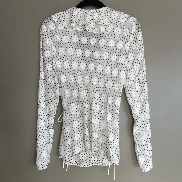 SALONI Iman Silk Wrap Blouse White Black Polka Dot Ruffles Sheer Contemporary - Picture 16 of 16